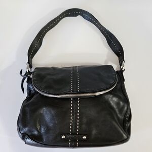 B. Makowsky Black Leather Contrast Stitching Top Flap Hobo Shoulder Bag